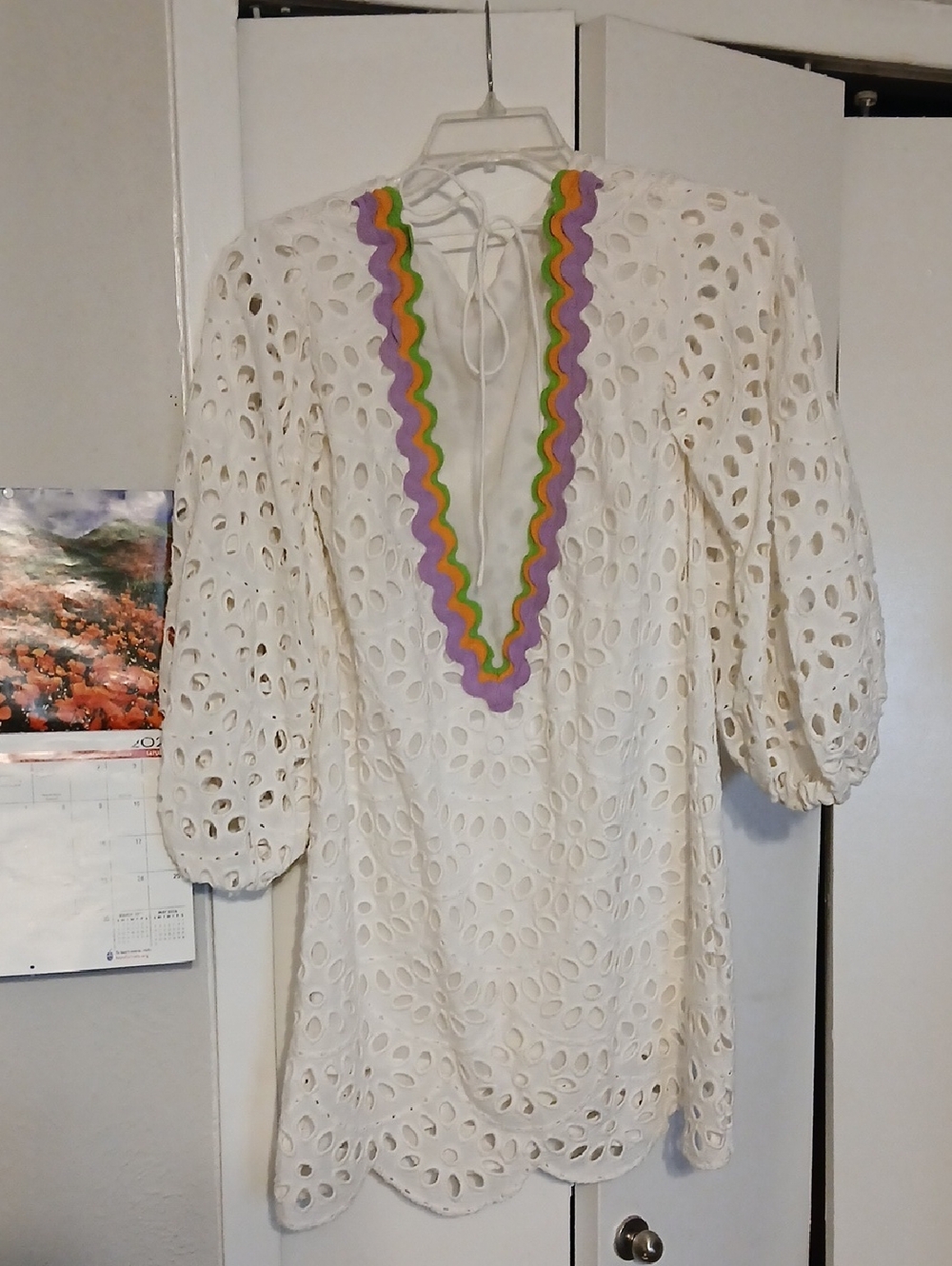 White Eyelet Long-Sleeve Dress with Multicolor Scalloped Trim